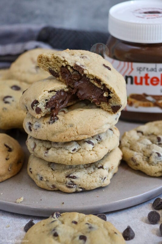 A closer shot of the stack of Nutella Stuffed Cookies