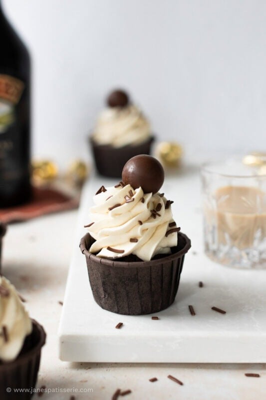 One Baileys cupcake with a shot of baileys
