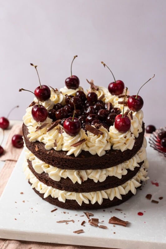 A top down shot of a black forest fudge cake with buttercream