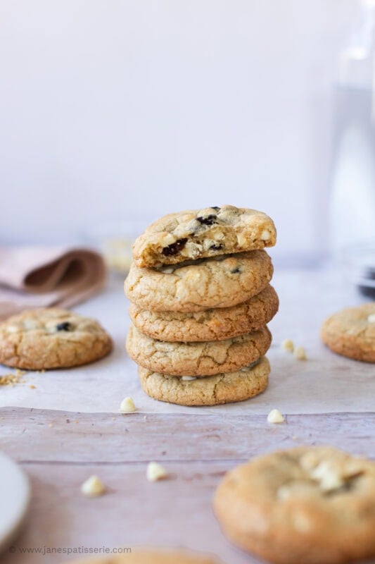 A stack of White Chocolate and Cranberry Cookies