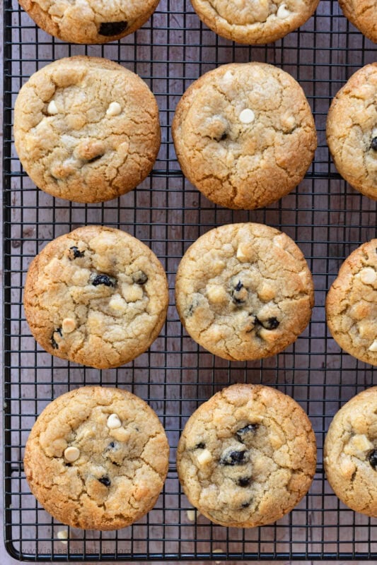 A baking tray of White Chocolate and Cranberry Cookies