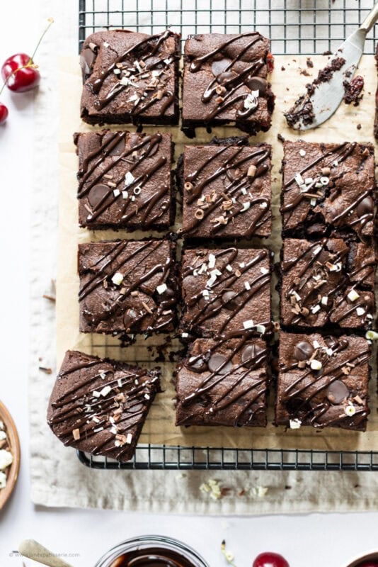 Multiple Black forest brownie squares on a cooling tray