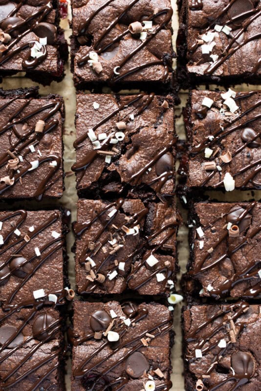 a cut tray of black forest brownie squares