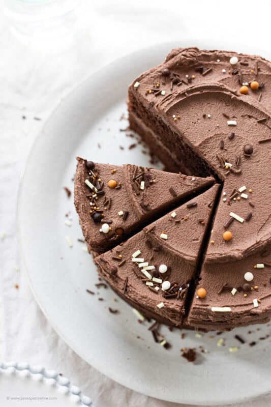 A slice taken from a back to basics chocolate cake