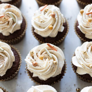 Close up of a row of chocolate chai cupcakes