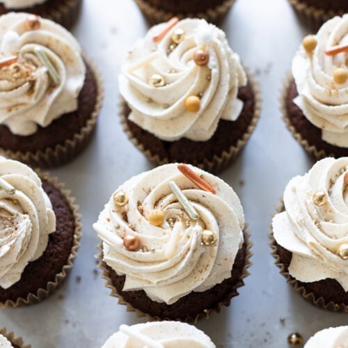 Close up of a row of chocolate chai cupcakes