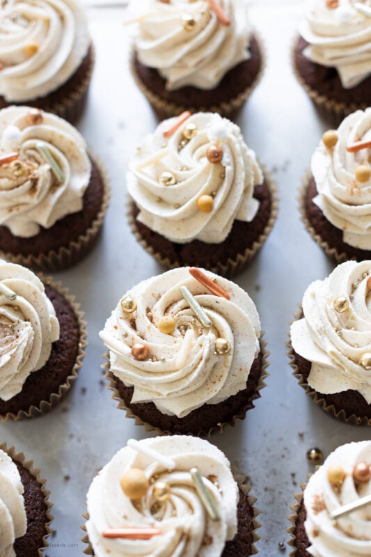 Close up of a row of chocolate chai cupcakes