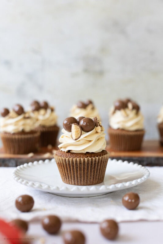 A malteser cupcake sitting on white plate