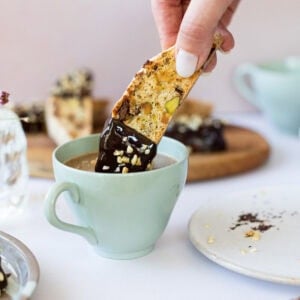 Dunking a Pistachio Hazelnut Chocolate Biscotti