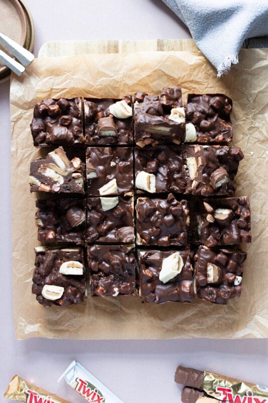 Twix Rocky Road cut into squares on the worktop