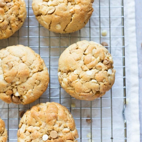 A cooling tray of Peanut Butter NYC Cookies