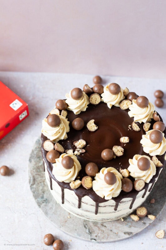 The top of a Malteser Drip Cake
