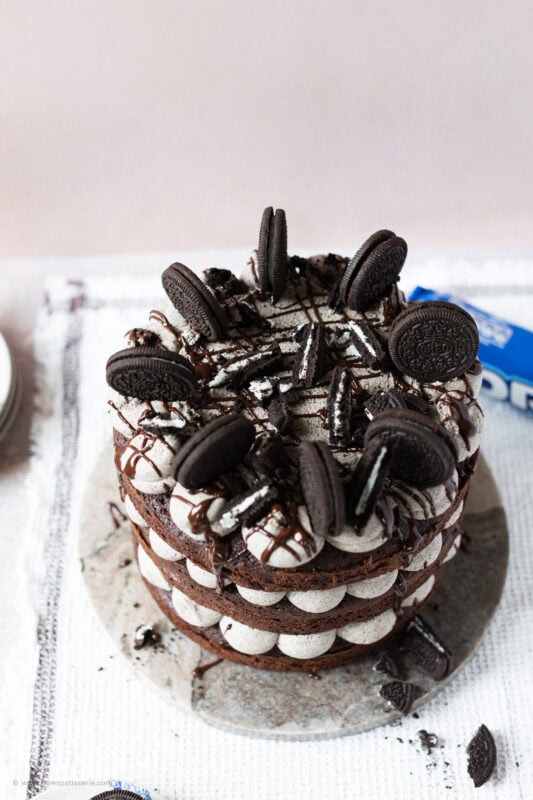 High shot of a Oreo Cake with Oreos decorating the top