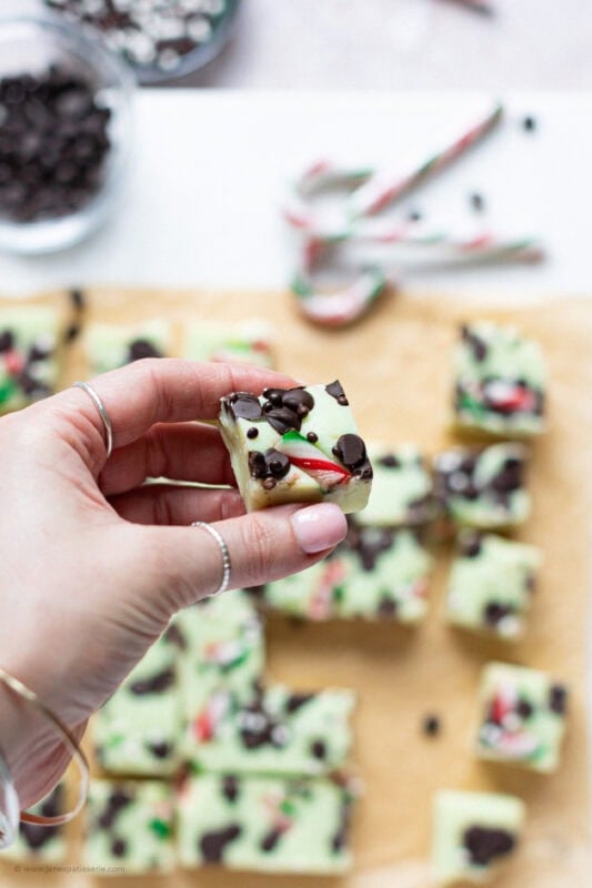 A hand holding a slice of Peppermint Fudge