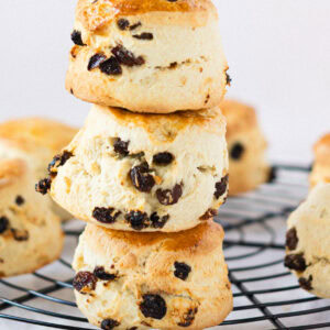 A stack of Fruit Scones on a wire rack