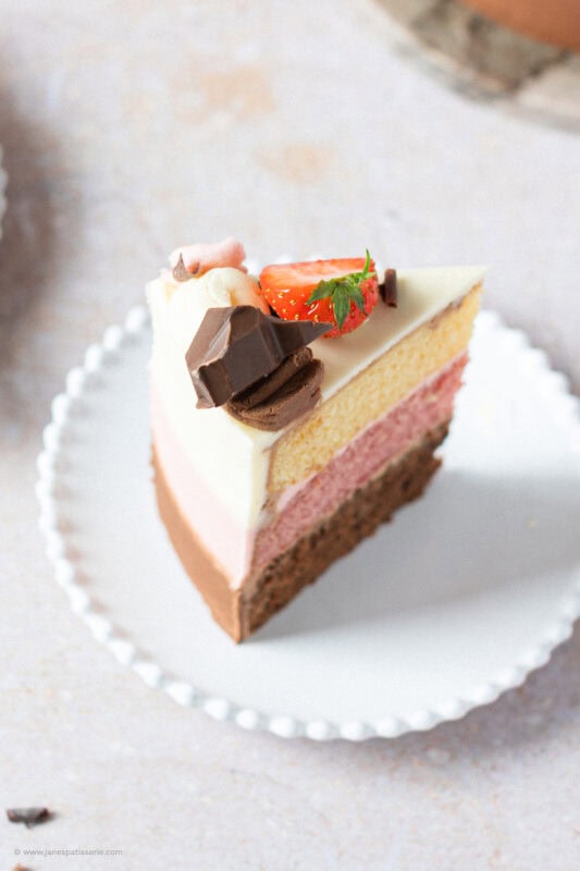 A slice of Neapolitan Cake on a white plate