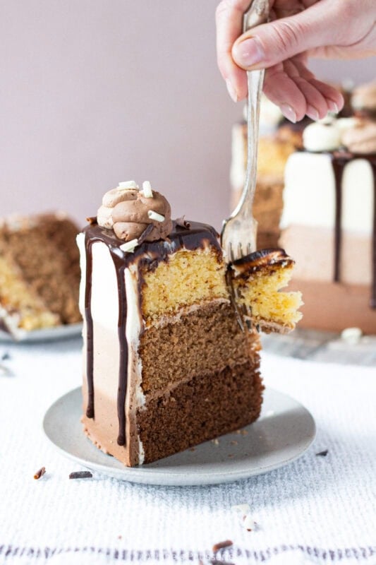 A fork cutting into a slice of Triple Chocolate Cake