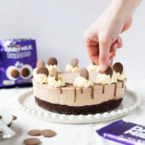A hand decorating a finished Cadbury's Chocolate Cheesecake