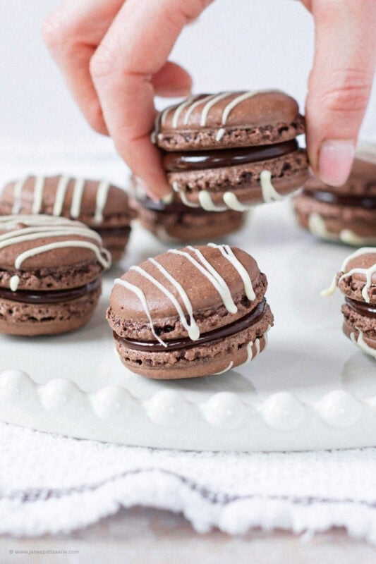 A hand selecting a Triple Chocolate Macarons