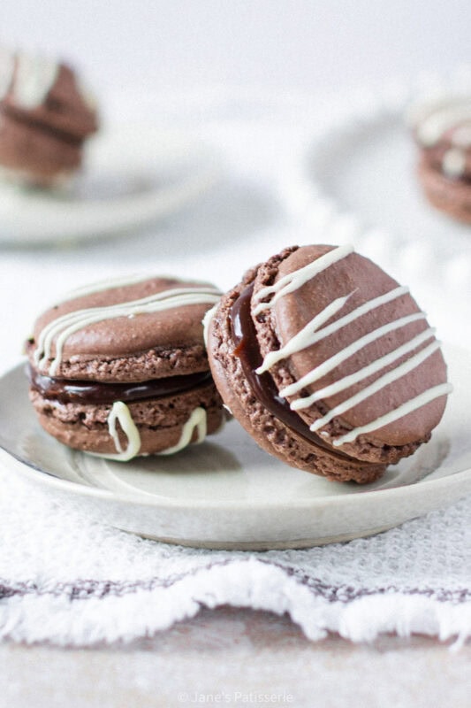 Two Triple Chocolate Macarons of a white plate