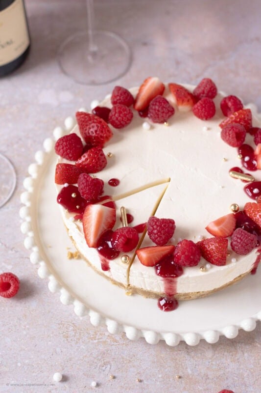 A slice cut into a Champagne Cheesecake