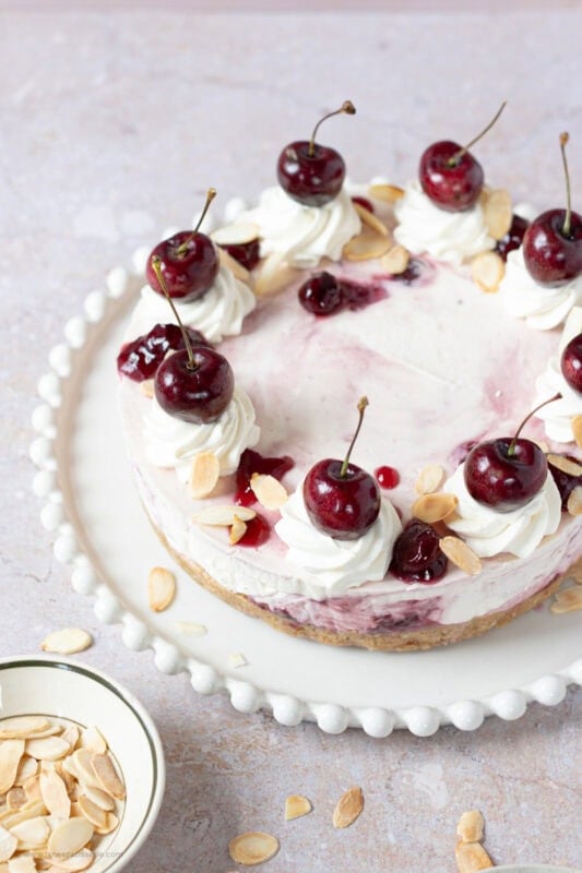 A whole Cherry Bakewell Cheesecake