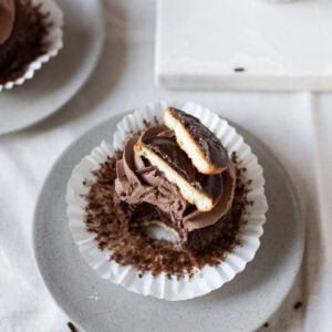 Top down of a Jaffa Cake Cupcake with a bite missing