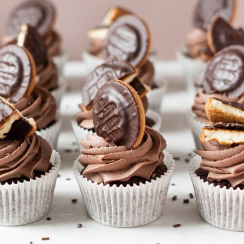 A finished set of Jaffa Cake Cupcakes