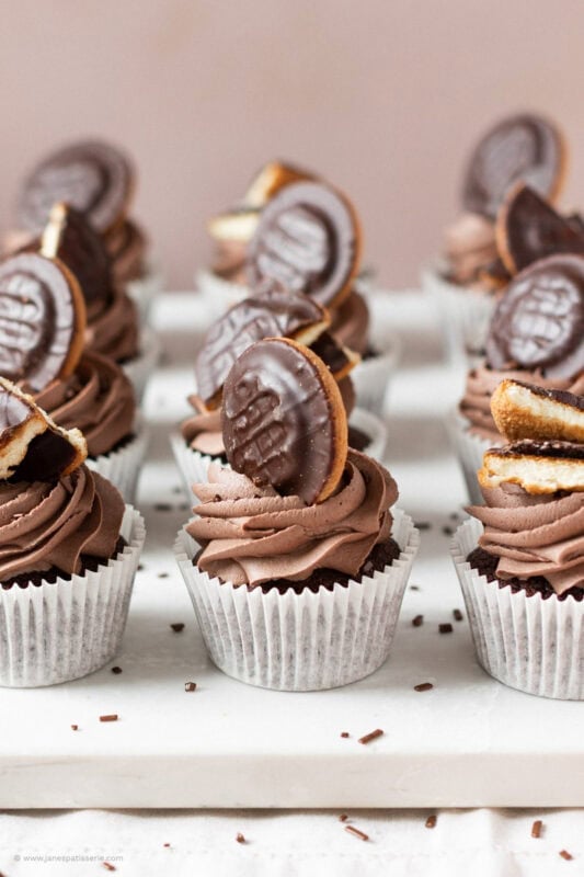 A finished set of Jaffa Cake Cupcakes