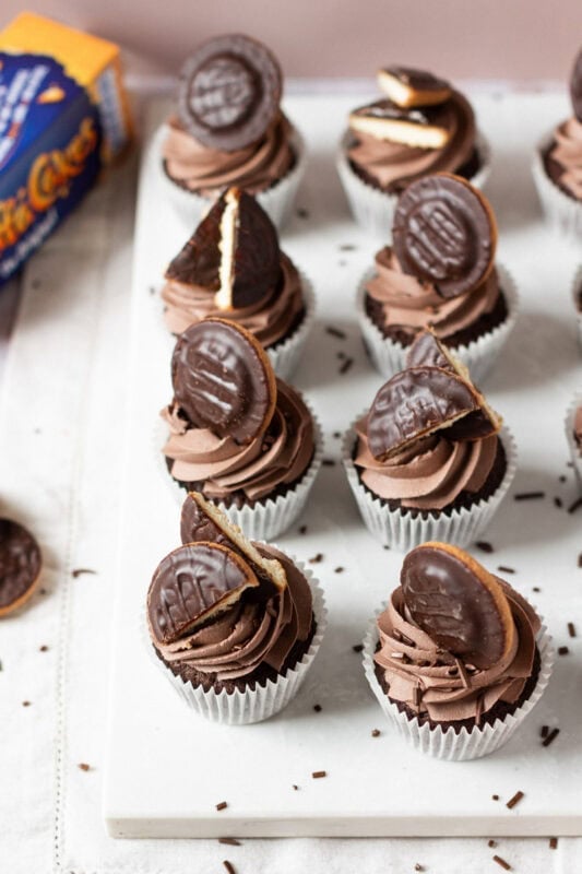 Two rows of Jaffa Cake Cupcakes