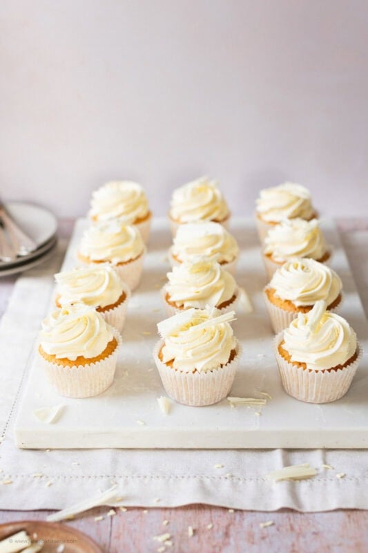 A tray of White Chocolate Cupcakes